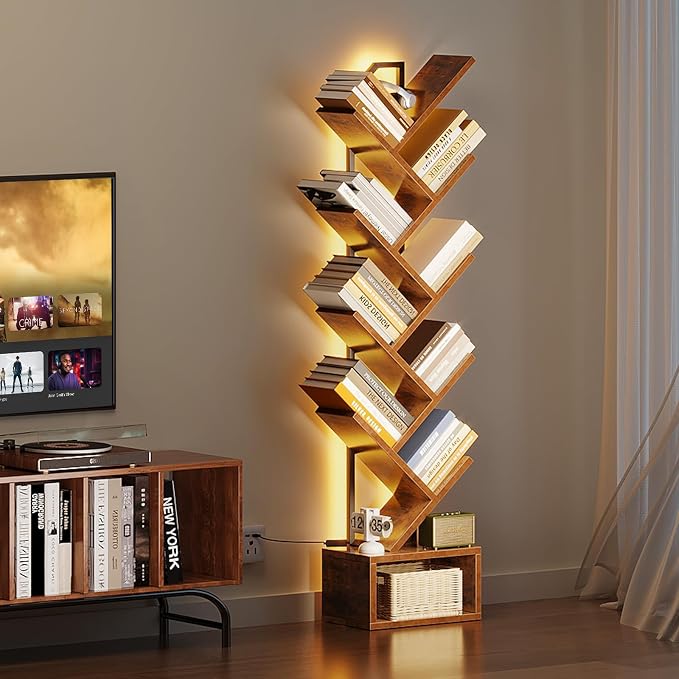 Casaottima Tree Bookshelf with LED Lights, 8-Tier Small Bookshelf, Vintage | Narrow Bookcase for Small Spaces, Steel & Wood Storage Shelf with Cabinet, Home Organizer for Living Room, Bedroom, Office
