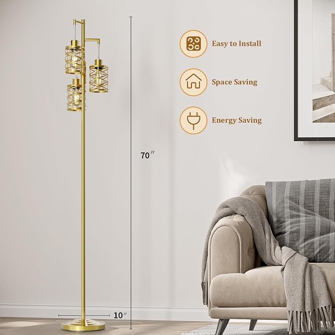 70" Industrial Floor Lamp, Stepless Dimmable Standing Lamp with 3 Bulbs, Farmhouse Corner Standing Tree Lamp for Living Room, Tall Lamps for Bedroom, Office, Study Room, Dining Room, Gold