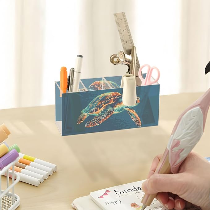 Sea Turtle Acrylic Printed Pen Holder 4 Compartments, Acrylic Plastic Pen Holder Cosmetic Brush Holder Desk Pen Holder Marker Organizer Square Acrylic Pen Holder 4 Compartments