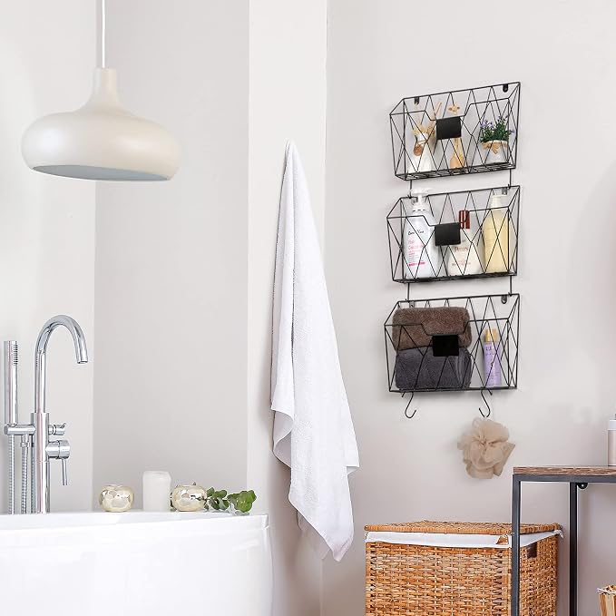 Wall File Organizer, 3 Pack Metal Wall Basket File Holder for Home Office | Vertical Hanging File Organizer, Mail Organizer Wall Mounted Magazine with Label Slot & Hooks, Sorts paper, Mails & Supplies