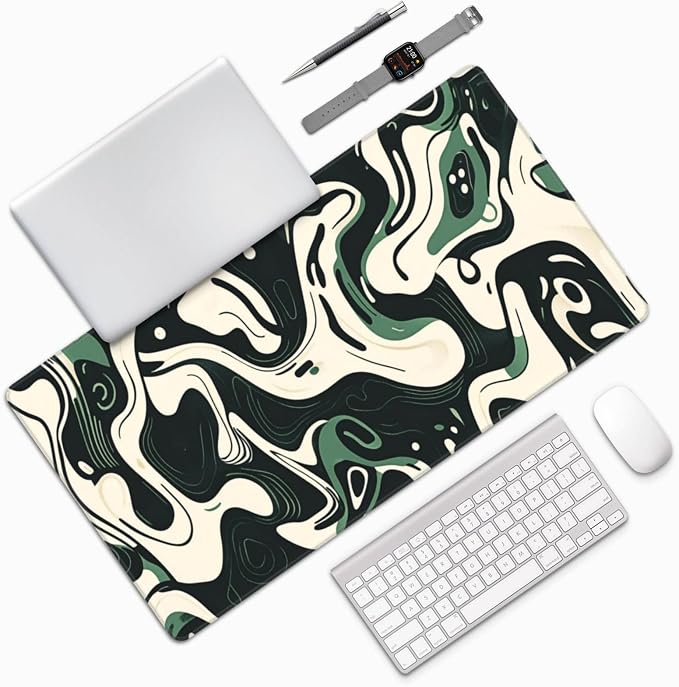 XXL Gaming Mouse Pad 31.5x15.7 Inch, Topographic Green White Desk Mat | Abstract Topographic Design with Waterproof Non Slip Rubber Base, Extended Keyboard Mouse Mat for PC Laptop Office & Gaming
