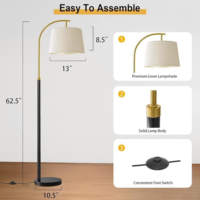 G-SAFAVA Floor Lamps for Living Room Bedroom, 62.5" Mid Century Modern Lamp Gold Standing Tall Arc Lamps with Foot Switch, Floor Lamps for Nursery Office Decor Corner Reading Room Light