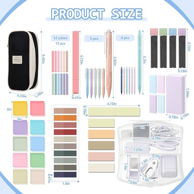 Sinload 60 Pcs Aesthetic Book Annotation Kit School Supplies Cute Pencil Case Mini Stapler Set 12 Highlighter 5 Gel Pen 6 Pencil 5 Magnetic Bookmark 1220 Sticky Note Student Stationary(Black)