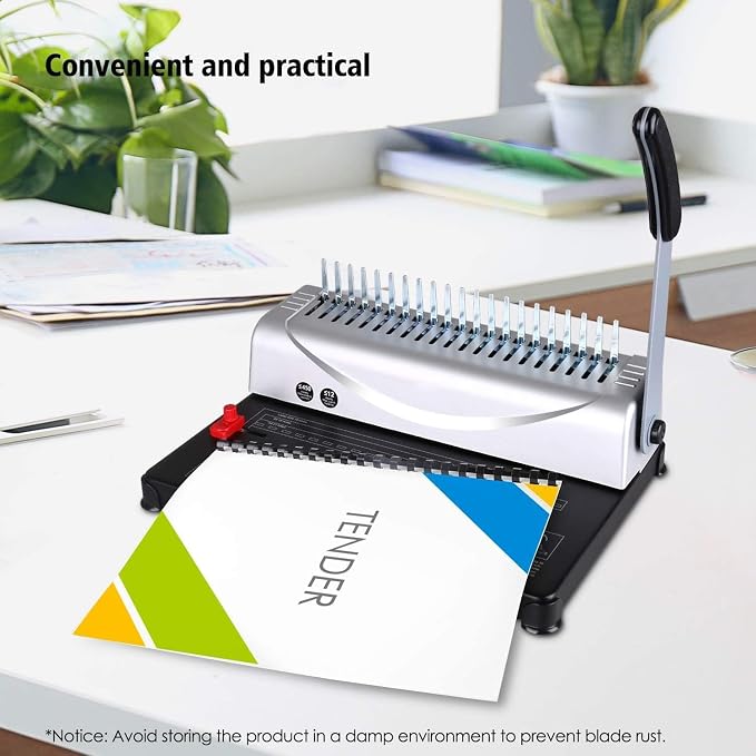 Comb Binding Machine - Punch 12 Sheet, Easy Punch No Jam, Heavy-Duty Metal Build, Book Binder for Office Reports & Home School Projects, Includes 100 Combs, Letter/A4/A5 Compatible