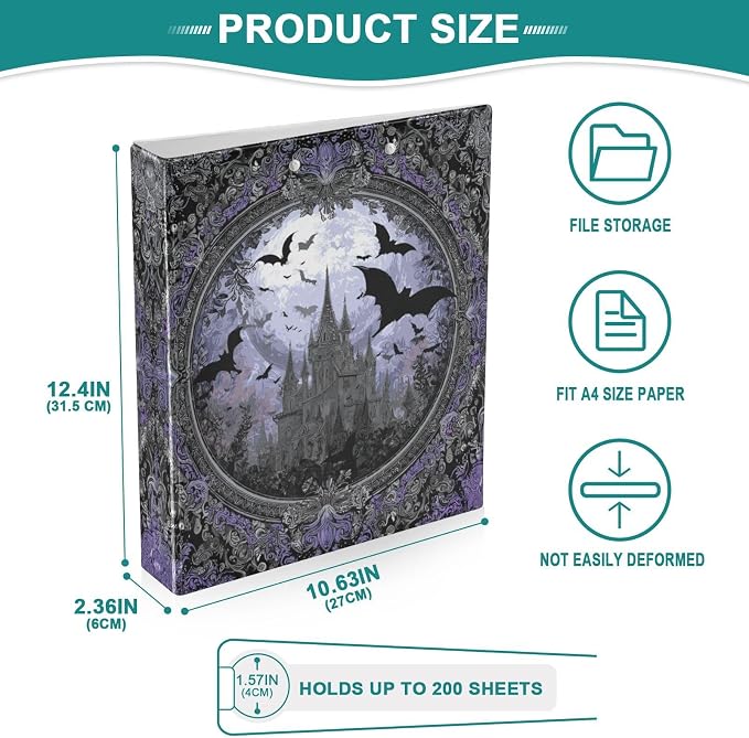 Castle Gothic Bats 3 Round Ring Binders | 1.5 Inch Binder with Clipboard, PVC Pockets, Work Organizer, Holds 200 Sheets for School Office 1 Pack