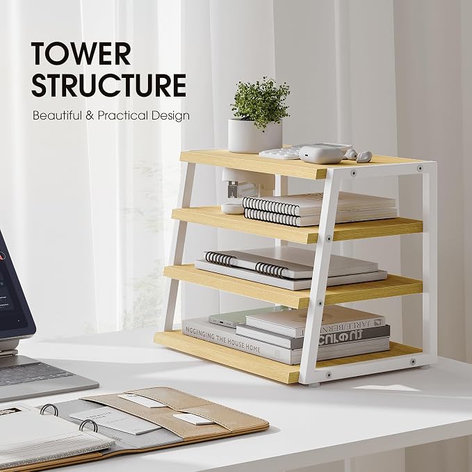 Fenge Desk Shelf Organizer, 4-Tier Tower Desktop Office Shelves, Oak | Wood and Metal Open Shelf, Corner File Organizer for Office Supplies, Top of Desk Organizers and Accessories