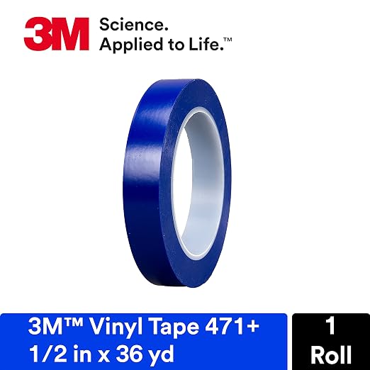 3M Vinyl Tape 471+, 1/2 in x 36 yd, Indigo, 1 Roll | Fine Line Tape for Paint Masking Striping, Color Separation and Complex Designs, High-Temperature