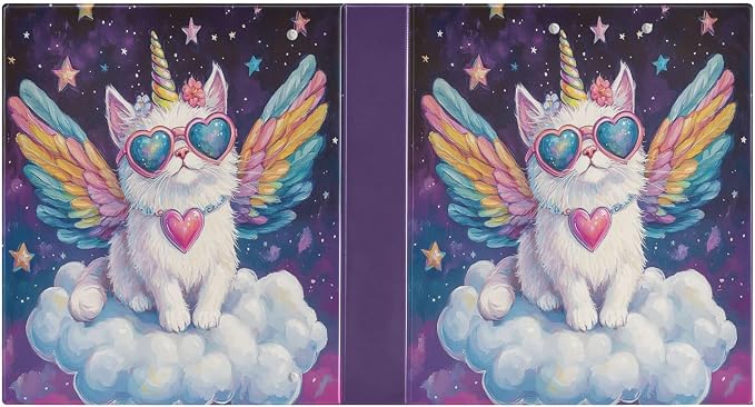 Unicorn Cat with Wings Round Ring Binders 1.5 Inch Galaxy Space Stars 3 Ring Clipboard Binder for Office School Work Supplies File Folder Document 200 Sheet Capacity Easy Open 2 Pieces