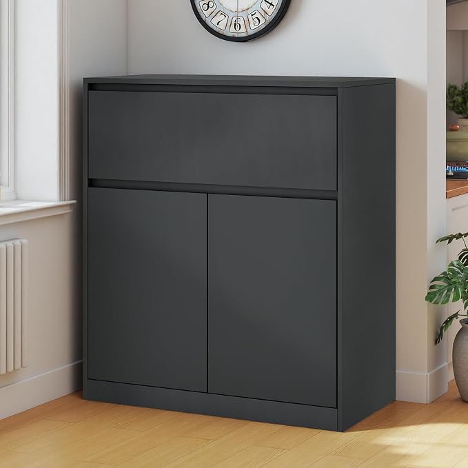 AMERLIFE Storage Cabinet with 2 Doors, 32 x 16 x 36 Inch | 1-Tier Storage Case and Modern Display Shelf for Collectibles, Black