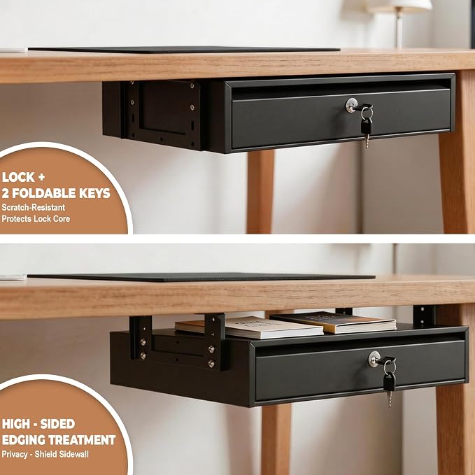 POPMOON 18in Under Desk Drawer with Lock, Large Pull Out Storage Organizer | Large 18in Lockable Under Table Drawer, Smooth Slide Rails, Adjustable Mounting Height, Supports Up To 33 Lb