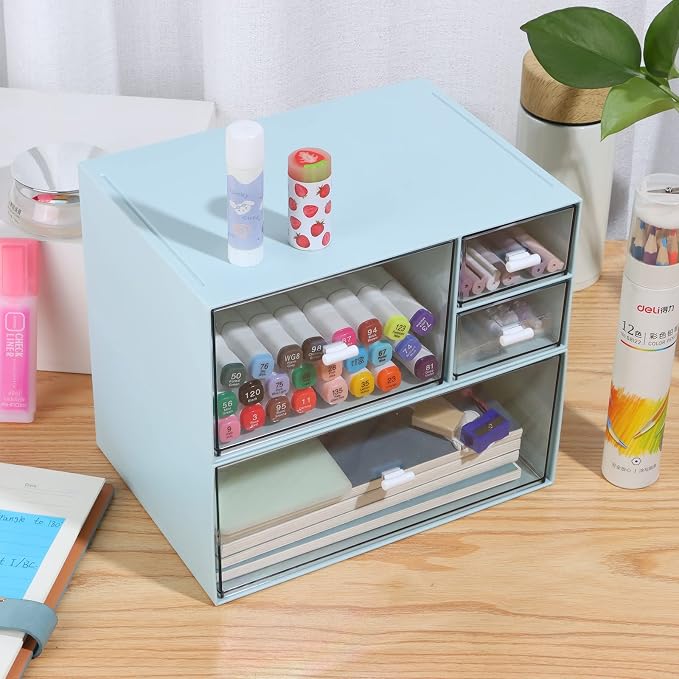 Stackable Storage Drawers, Office Desk Organizer with 4 Mix Drawers | Blue, Plastic Mini Desktop Storage Box, Tabletop Small Craft Drawer for Office Supplies, Makeup Desk Organizer and Accessory