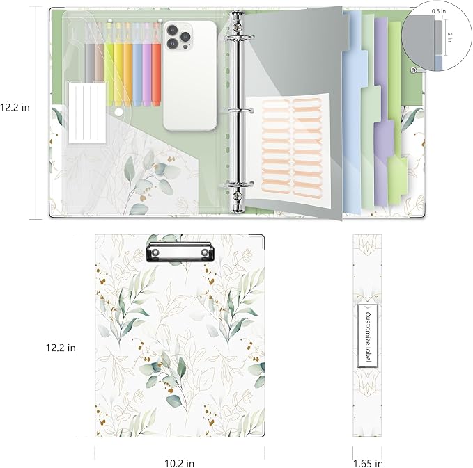 3 Ring 1 Inch Binder Organizer, KLLVE Three Ring Binders with Clipboard, 5 Pocket Divider with tabs, Folder, 18 Divider Stikers, Pen Loop (Leaves, Letter Size)
