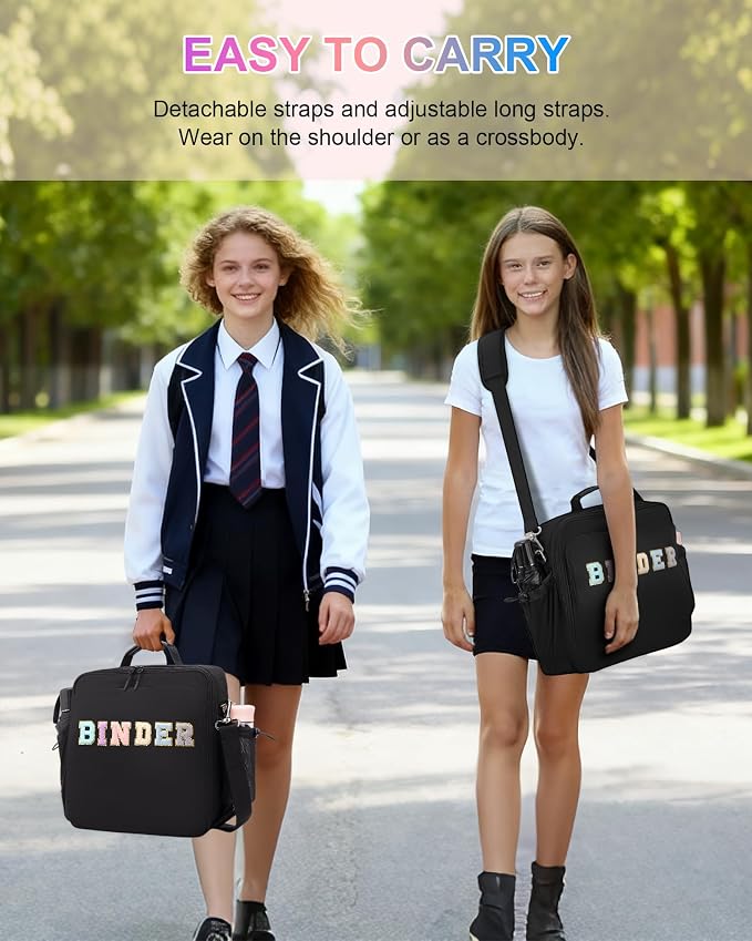 3 Ring Zipper Binder 3 Inch D Rings with Double Water Bottle Holder | Cute Initial Water-Resistant Zip Up Binder for School Office, 700-Sheet Capacity & Shoulder Strap & Laptop Pocket, Black