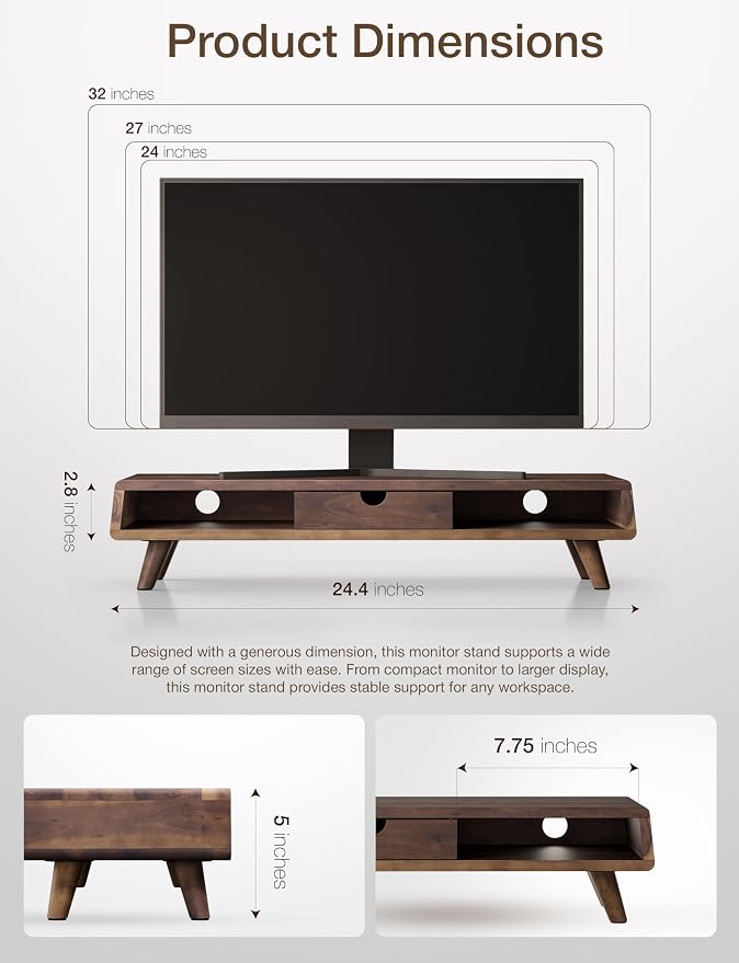 Tinamo Wood Monitor Stand with Drawer & Storage, Walnut Color (Patented) | Acacia Wood, Fits Monitors up to 32", Built-in Drawer, Hidden Storage, Non-slip, Round Edge, Ergonomic Height, Easy Assembly