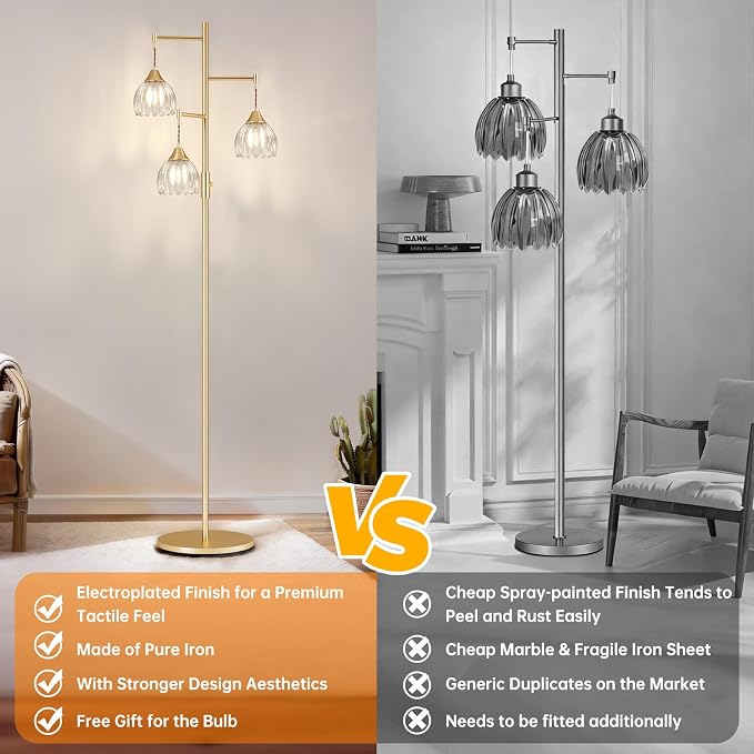 Shenmoyl Stepless Dimming Floor Lamps for Living Room, Bedroom, Gold Standing Lamp with 3pcs 6W Bulbs, Vintage Brass Floor Lamp for Corner, Nursery (Clear Tulip)