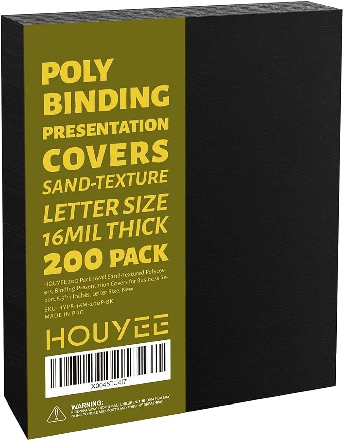 HOUYEE 200 Pack 16mil Binding Presentation Covers, Sand Texture, Black | Plastic Back Binding Polycovers, 8.5x11 Inch Letter Size, Square Corners,Un-Punched, Office & School Supplies