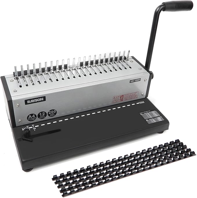 RAYSON SD-1201 21-Hole Comb Binder, 12-Sheet Punch, 200-Sheet Capacity | Manual comb binding machine with a starter comb set, 3-6 mm margin adjustment, and durable metal construction.