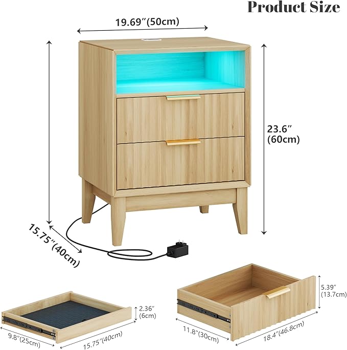 20“ W Fluted LED Nightstand with Charging Station, RFID Lock, Wood | Bedside Table with Hidden Drawer, 2 Drawers, Open Cubby, Motion Sensor, USB and Type-C Ports, Night Stand for Bedroom