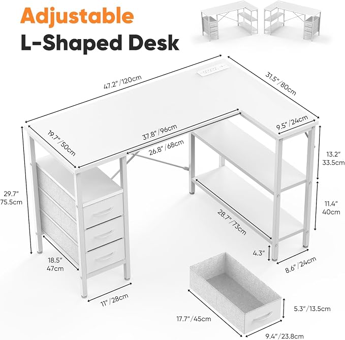 DUMOS L Shaped Desk with Power Outlet, Study Table | 47 Inch Corner Computer Gaming Unit, Adjustable Shelves, Home Office Bedroom, Modern White
