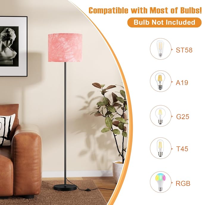 60'' Modern Floor Lamp with Shade, Tall Lamps for Living Room, Bedroom, Office, Dining Room, Hand-Dyed Pink Lampshade(Without Bulb)