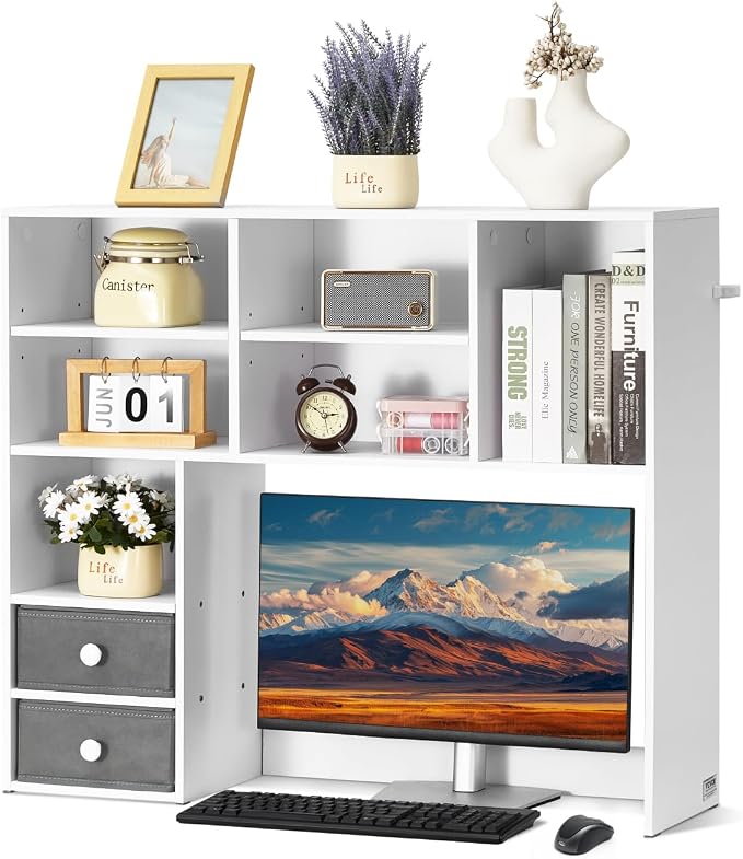 VEVOR Desktop Bookshelf, 3-Tier Desktop Storage Organizer, 37" x 10" x 31.1" Office Storage Rack Wood Display Shelf, Desktop Bookshelf Hutch with 2 Fabric Drawers, for Office, Home & Dorm, White