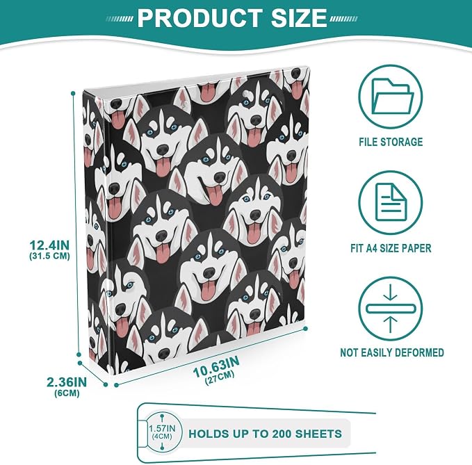 3 Ring Binder 1.5 in Recipe Binders Cute Husky Dog | Decorative Client Records with Clip 3 Clear Interior Pockets for 200 Sheets Letter-Size(11" x 8.5") Paper PVC Cover Folder