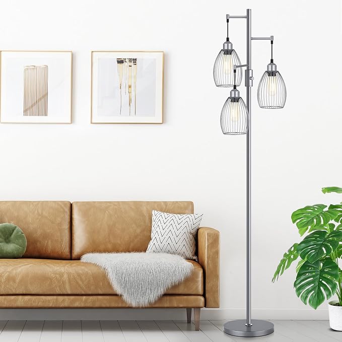 Torondo Dimmable Industrial Floor Lamps for Living Room, Gray Tree Standing Tall Lamps with 3 Elegant Teardrop Cage Head & 800 Lumens LED Bulbs for Bedroom Office