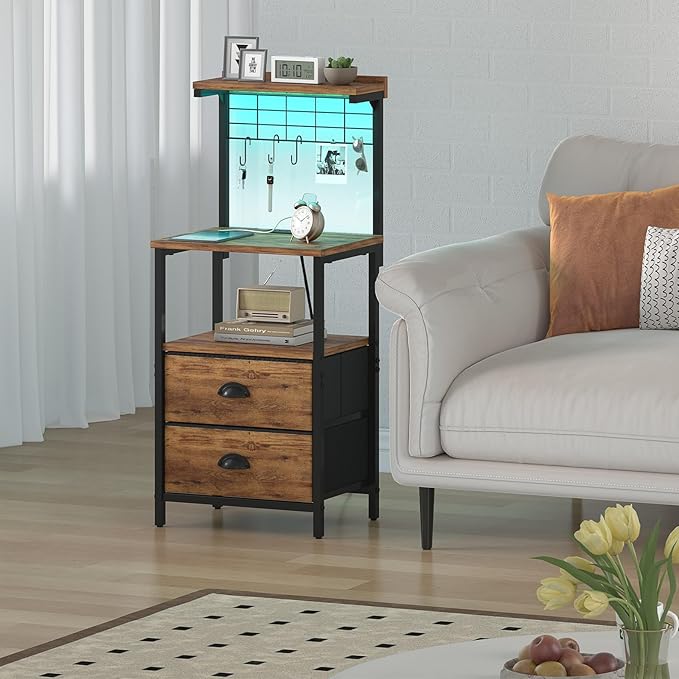 sthmec Tall Nightstands with Charging Station, LED Night Stand Bedsides with 2 Drawers Fabric, Hooks,USB Port and Open Storage Shelves,Tall End Table Bedside for Bedroom,Office, Rustic Brown