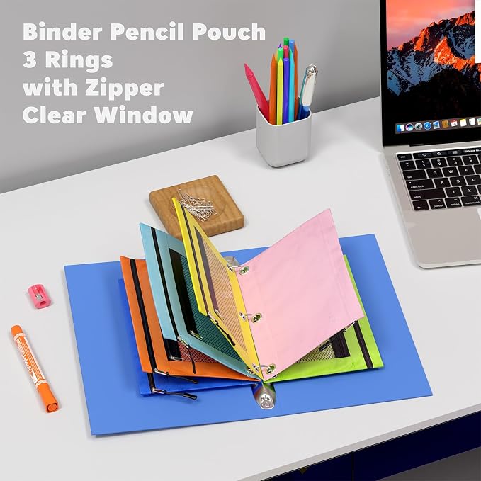 3 Ring Pencil Pouch, Binder Pencil Pouch with Zipper and Mesh Window,8pack 8colors