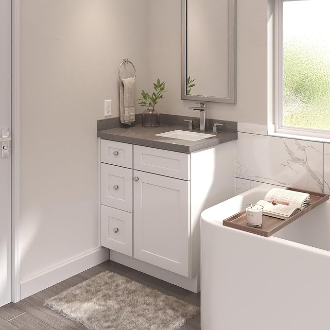 Furinno Shaker Left 3-Drawers Bath Vanity Cabinet, 1-Door, White | 21 D x 30 W x 34.5 H, Adjustable Hinges, Soft-Close Shaker-Style Door, Ready to Assemble, Plywood, for Bathroom, Washroom
