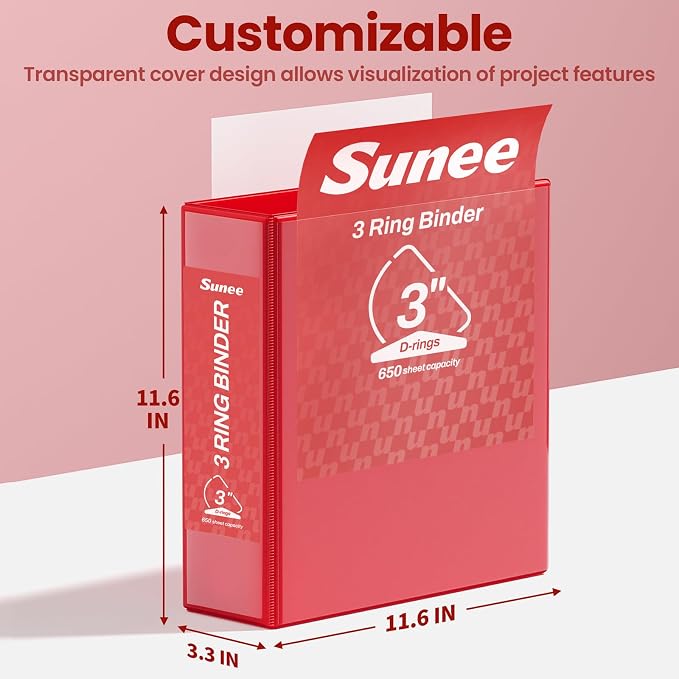 SUNEE 3 Ring Binder 3 Inch D Ring, Clear View Large Binder Three Ring PVC-Free (Fit 8.5x11 Inches) for School or Office Supplies, Dark Red, 1 Pack