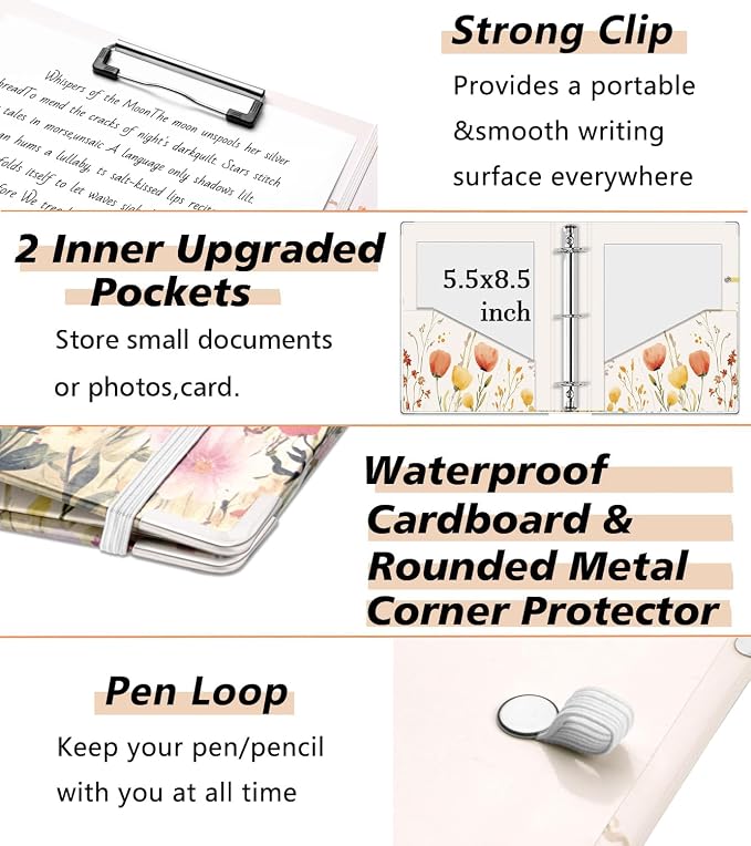 Mini Binder Organizer for 5.5" x 8.5" Paper ，1 Inch 3 Ring Binder with Clipboard, 5-Tabs Pockets Dividers, Plastic Folder, 18 Divider Stikers, Pen Loop (Weed, Half Letter Size)