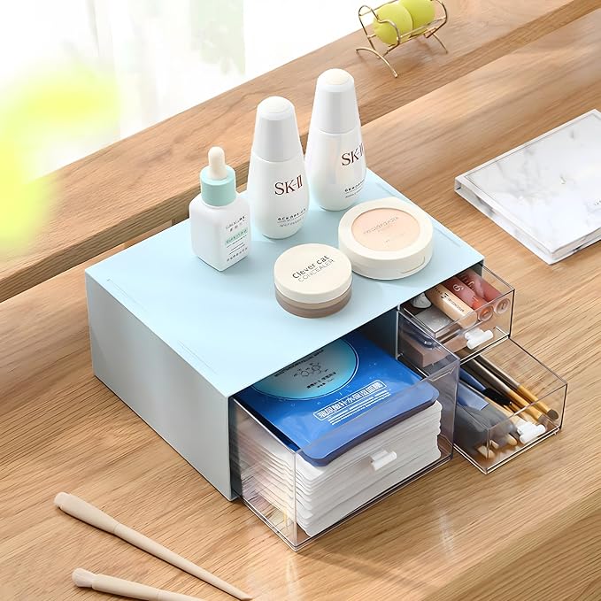 Stackable Storage Drawers, Office Desk Organizer with 4 Mix Drawers | Blue, Plastic Mini Desktop Storage Box, Tabletop Small Craft Drawer for Office Supplies, Makeup Desk Organizer and Accessory