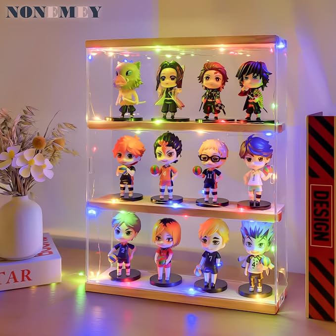 NONEMEY Clear Acrylic Display Case Stand with Wood Base 3 Tier Storage Box Wall Mount Showcase Dustproof Organizer Box for Collectibles (3Tier 12×3.3×15inch)