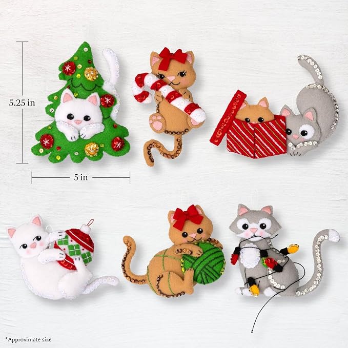 Bucilla Felt Applique 6 Piece Ornament Making Kit, Frisky Kitties, Perfect for Holiday DIY Arts and Crafts, 89643E