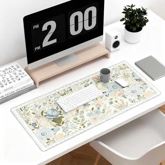 Sage Green Floral XXL Desk Pad, Extra Large Mouse Pad with Anti-Slip Base & Stitched Edges, Desk Mat for Keyboard and Mouse, Aesthetic Office Decor & Desk Accessories for Women, Home & Office
