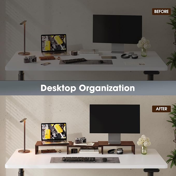 FITUEYES Dual Monitor Stand Riser, Adjustable Length and Angle, Brown | Wooden 3-Shelf Design, Supports up to 55lbs, Flexible for Standard Corner Space, Holds Monitor, Laptop, Phone, Printer