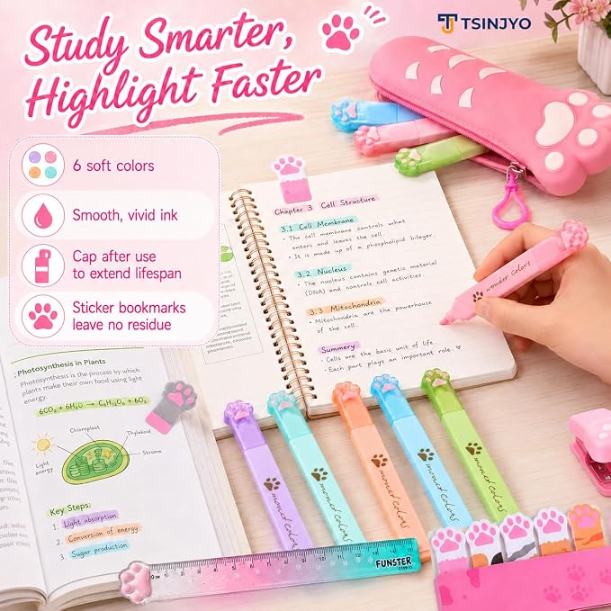 24Pcs Cute Stationery Set W Paper Clips Stapler Scissors Sticky Notes Eraser Ruler Sharpener Pencil Case Highlighter Correction Tape Desk Accessories for School Office Supplies