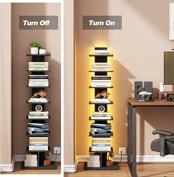 TUTOTAK Book Shelf, Narrow Spine Bookshelf, 8-Tier Bookcase with LED Lights | 10.4 x 13.4 x 47.5 Inches Vertical Freestanding Corner Shelf for Living Room, Office, Small Space, Black BS06BK008L