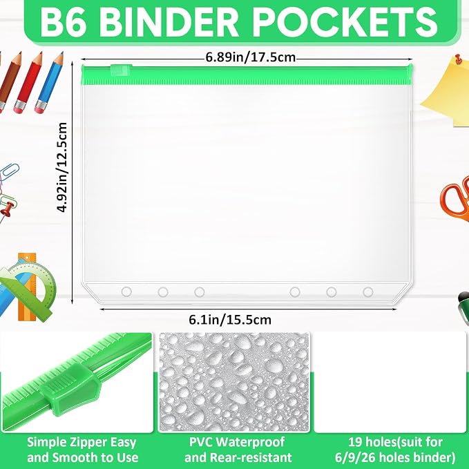 40 Pieces Binder Pockets 6 Hole Zipper Pouch 6 Ring B6 Pockets with Zipper Binder Folders Plastic Pouches Loose Leaf Bags Waterproof PVC Document Filing Bag