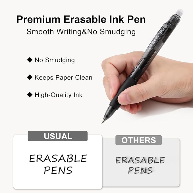 USUAL 90 Black Retractable Erasable Gel Pens Clicker, Fine Point(0.5mm), Make Mistakes Disappear, Premium Comfort Grip, Black Ink for Planners,Smooth Writing Pen Office Back-to-School Supplies