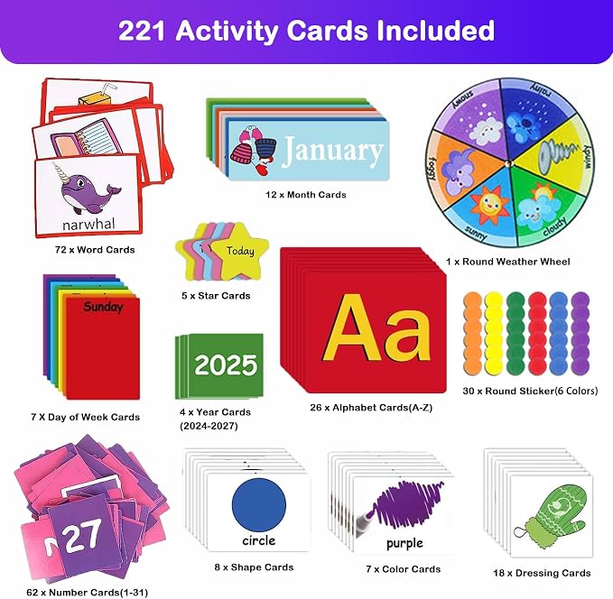 Circle Time Learning Center Classroom Pocket Chart, Educational Teaching Materials with Cards for Preschool, Learning Calendar Weather Letter Rhyme Color Shape Counting Number etc, (Black)