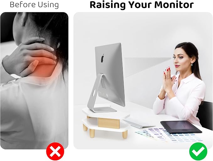 AFOOYO Monitor Stand Riser,2 Tier Corner Wood Sturdy 16.5In Computer Stand, Multi-Purpose Desktop Storage Stand for Laptop,PC,iMac,Printer,Computer,White