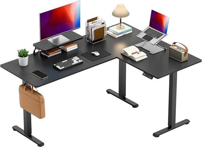 Shahoo L Shaped Electric Standing Desk, 63"x47.2" Corner Height Adjustable Sit Stand Desk with Monitor Riser, Ergonomic Stand Up Desk, 154 LBS Load Capacity Quiet Motor Home Office Computer Desk
