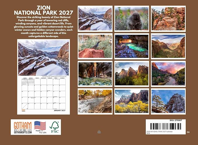 Zion National Park Calendar 2027 Utah Monthly Wall Calender 12 Month | American Made In The USA