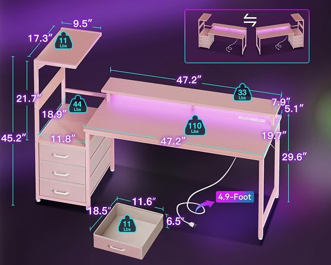 AODK 59 Inch Gaming Desk with USB Charging Ports & LED Light- Reversible Computer Desk with Storage Shelves & Monitor Stand, Modern Gamer Desk Table with Fabric Drawers, Pink