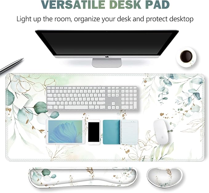 Gaming Mouse Pad Wrist Support Set, XXL Large Desk Mat Mousepad + Keyboard Wrist Support+ Mouse Wrist Rest+Coaster 4in1 Ergonomic, Memory Foam, Stitched Edge for Home Office -Pretty Leaves