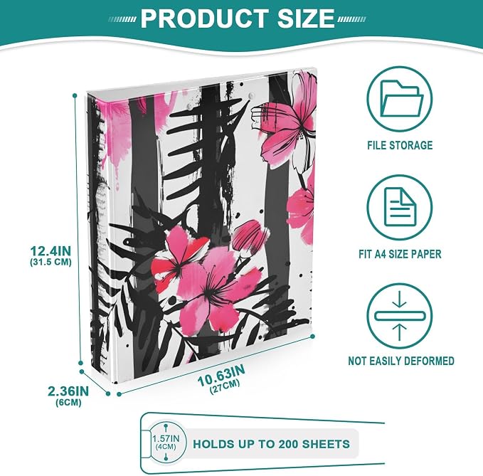 3 Ring Binder Stripes Black White Tropical Pink Flower 1.5 inch Binders Three Ring Binders with Clipboard Fit 8.5'' x 11'' Paper 3 Interior PVC Clear Pockets for Office Supplies