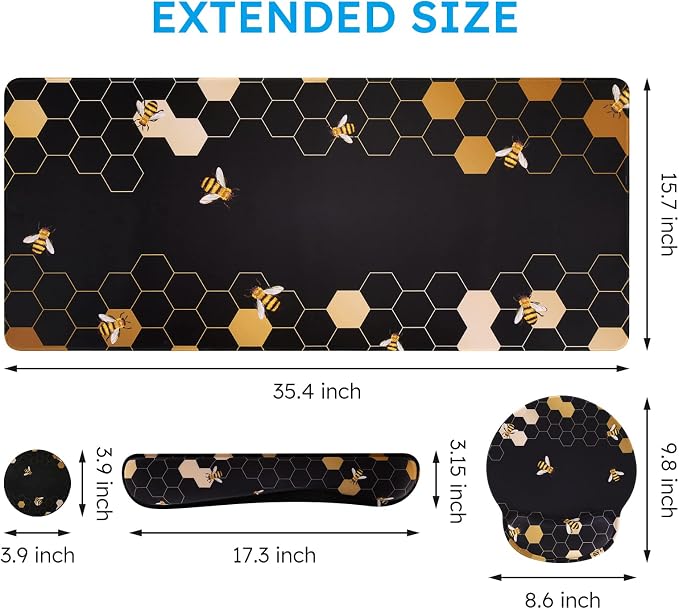 iCasso Honeycomb Mousepad 35.4"x15.7", Desk Protector for Workspace | Travel Mousepad Set with Keyboard Wrist Rest, Stylish Ergonomic Desk Pad for Computer Vanity Office Workspace Area
