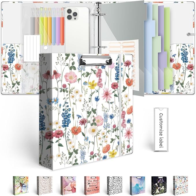 3 Ring Binder 2 Inch for 8.5"x11" Paper, Three Ring Binders with Clipboard, 5 Dividers with Tabs and Pockets, Plastic Folder, 18 Divider Stikers,Cute Binder with Pen Holder,Blue Bloom